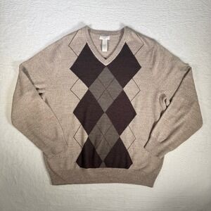 Dockers Mens‎ Argyle V Neck Sweater XL Acrylic Beige Brown Gray Pullover